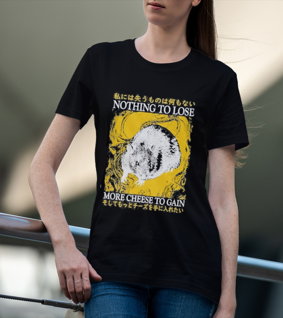 Nothing To Lose More Cheese To Gain Lukathemouse Yellow Background Japanese Text T-Shirt