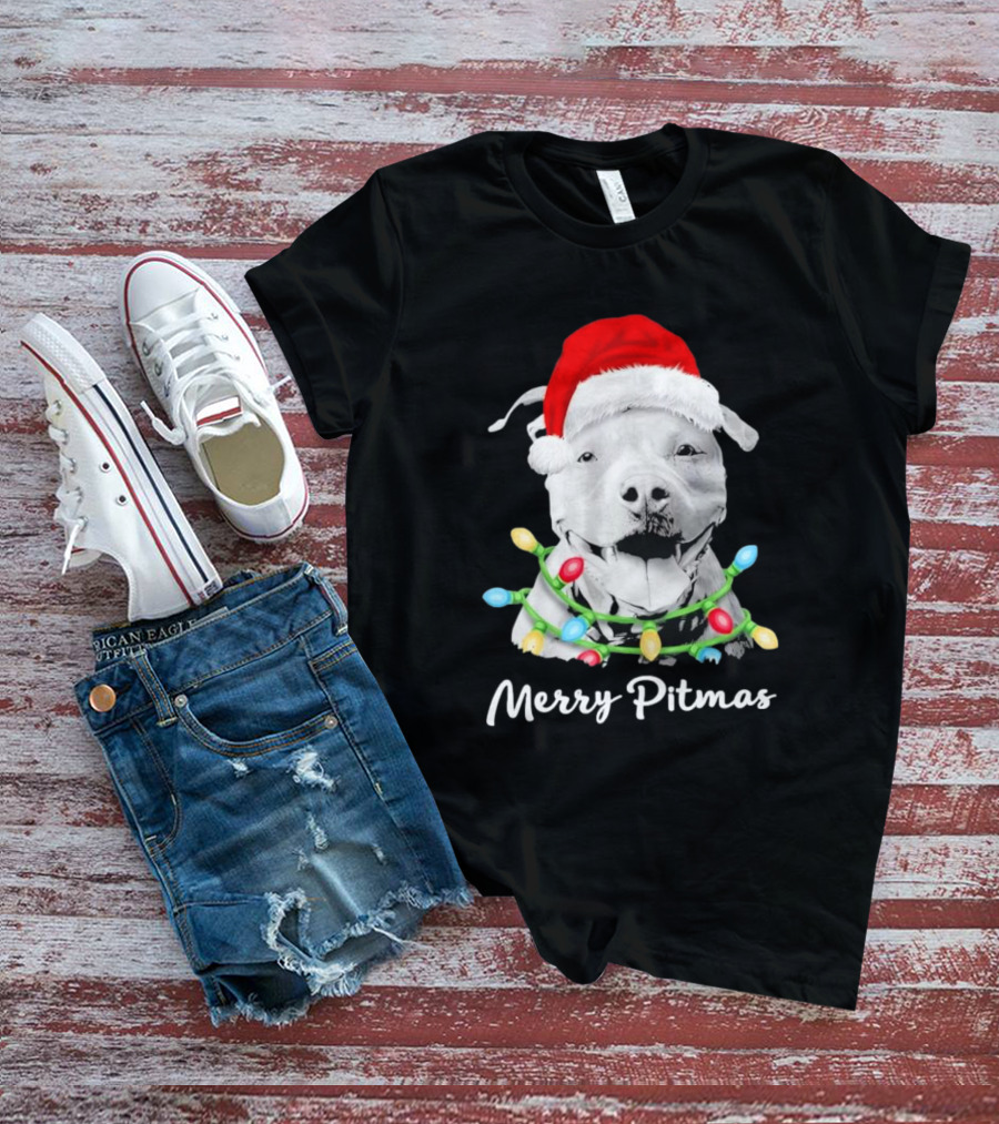 Merry Pitmas Santa Hat Pit Bull Christmas Lights T-Shirt