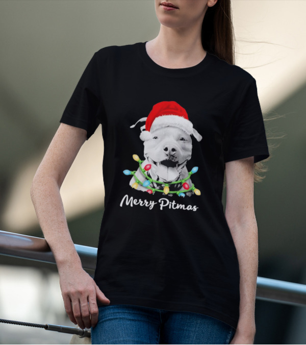 Merry Pitmas Santa Hat Pit Bull Christmas Lights T-Shirt