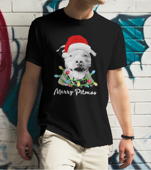 Merry Pitmas Santa Hat Pit Bull Christmas Lights T-Shirt