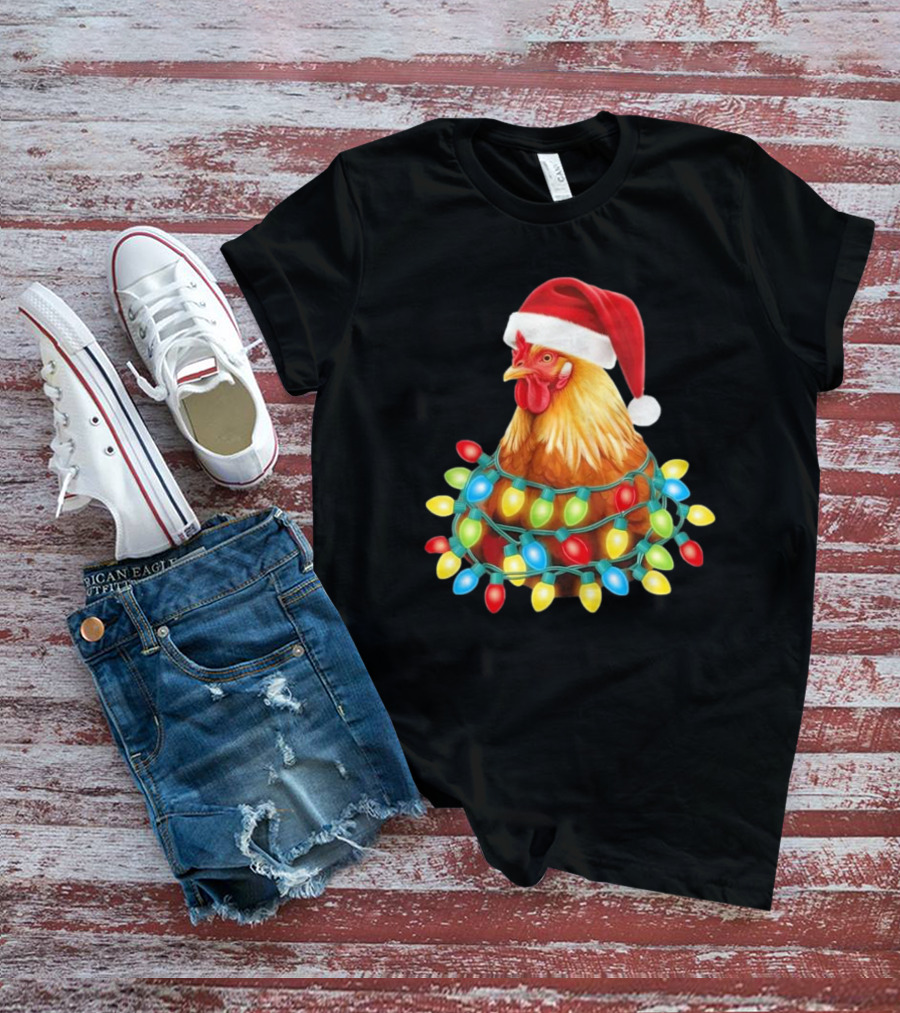 Santa Chicken Christmas Lights Festive Hilarious T-Shirt