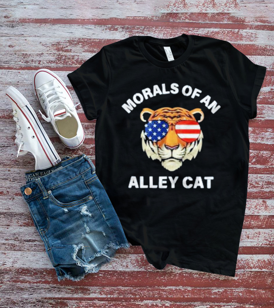 Morals Of An Alley Cat Tiger With American Flag Sunglasses T-Shirt