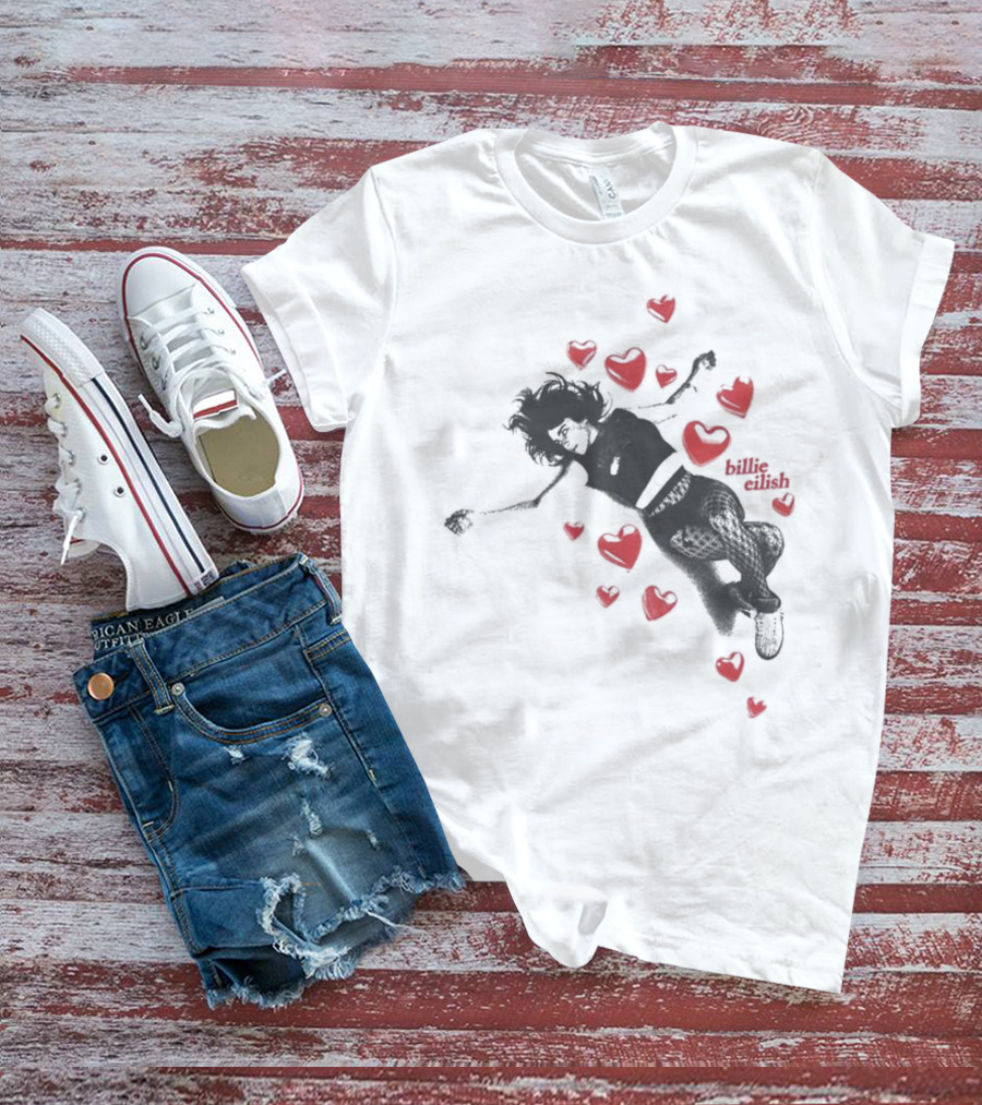 Billie Eilish Surrounded By Floating Red Hearts Valentine T-Shirt