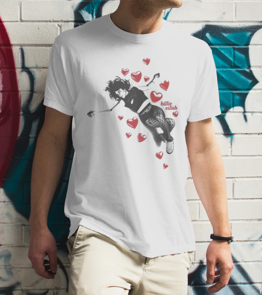 Billie Eilish Surrounded By Floating Red Hearts Valentine T-Shirt