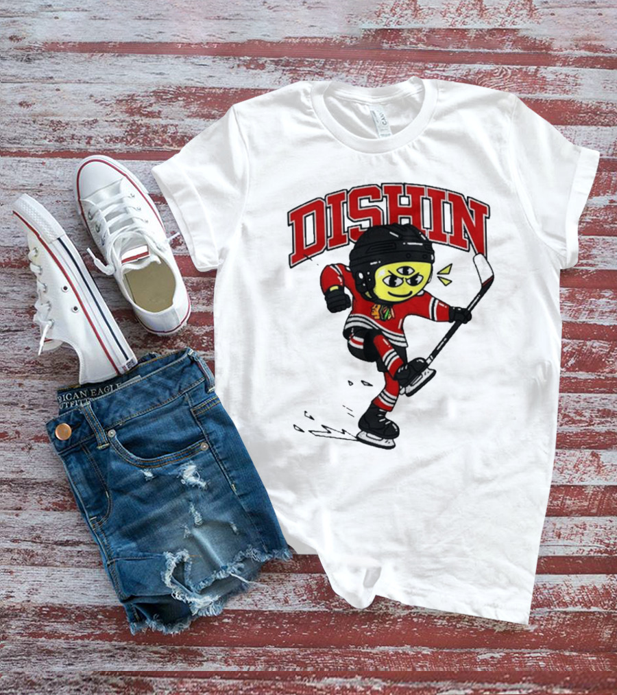 Chicago Blackhawks Just Dishin Hockey Player Cartoon Character Skating T-Shirt