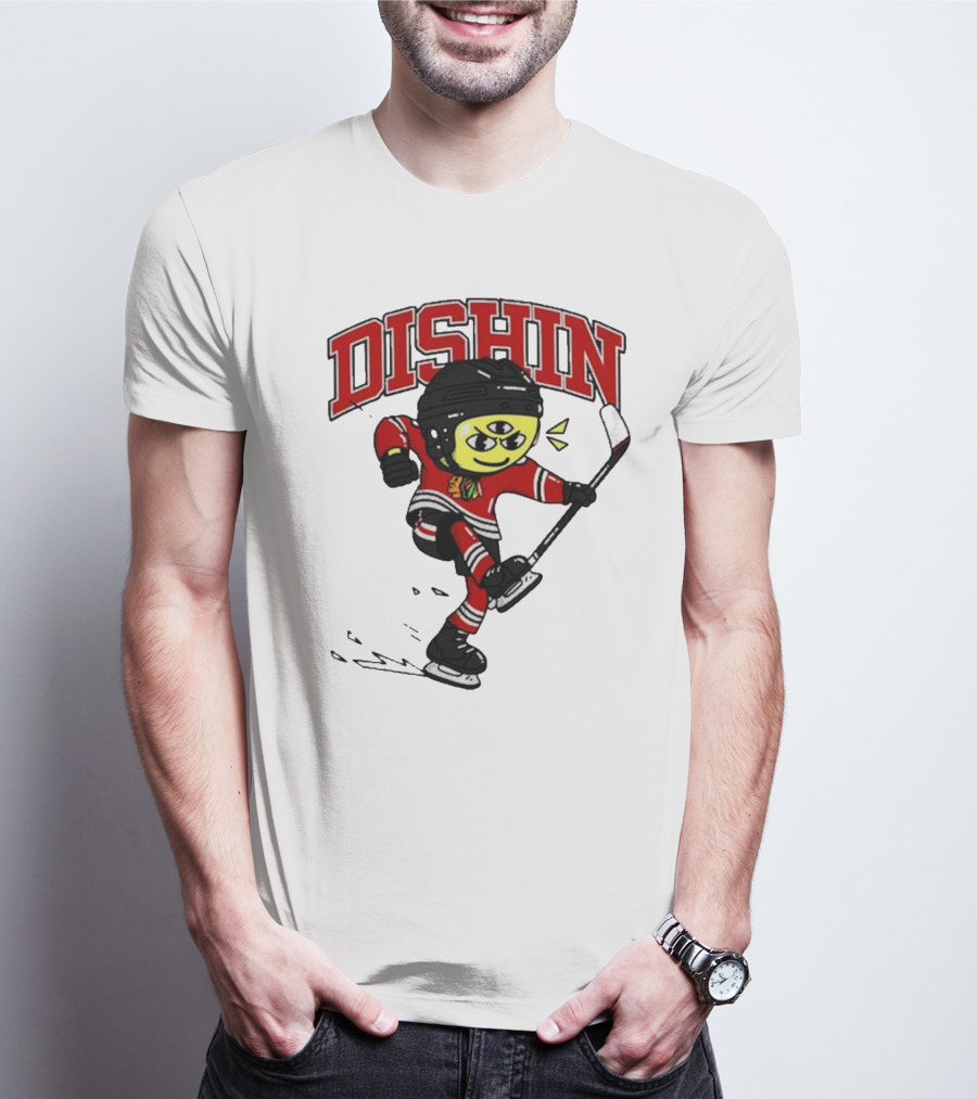 Chicago Blackhawks Just Dishin Hockey Player Cartoon Character Skating T-Shirt