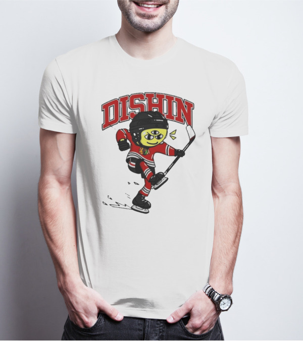 Chicago Blackhawks Just Dishin Hockey Player Cartoon Character Skating T-Shirt