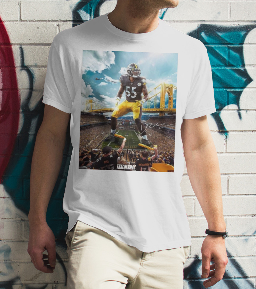 Thachermac Pittsburgh Steelers 55 Player In Stadium With Signature And Bridge Background T-Shirt
