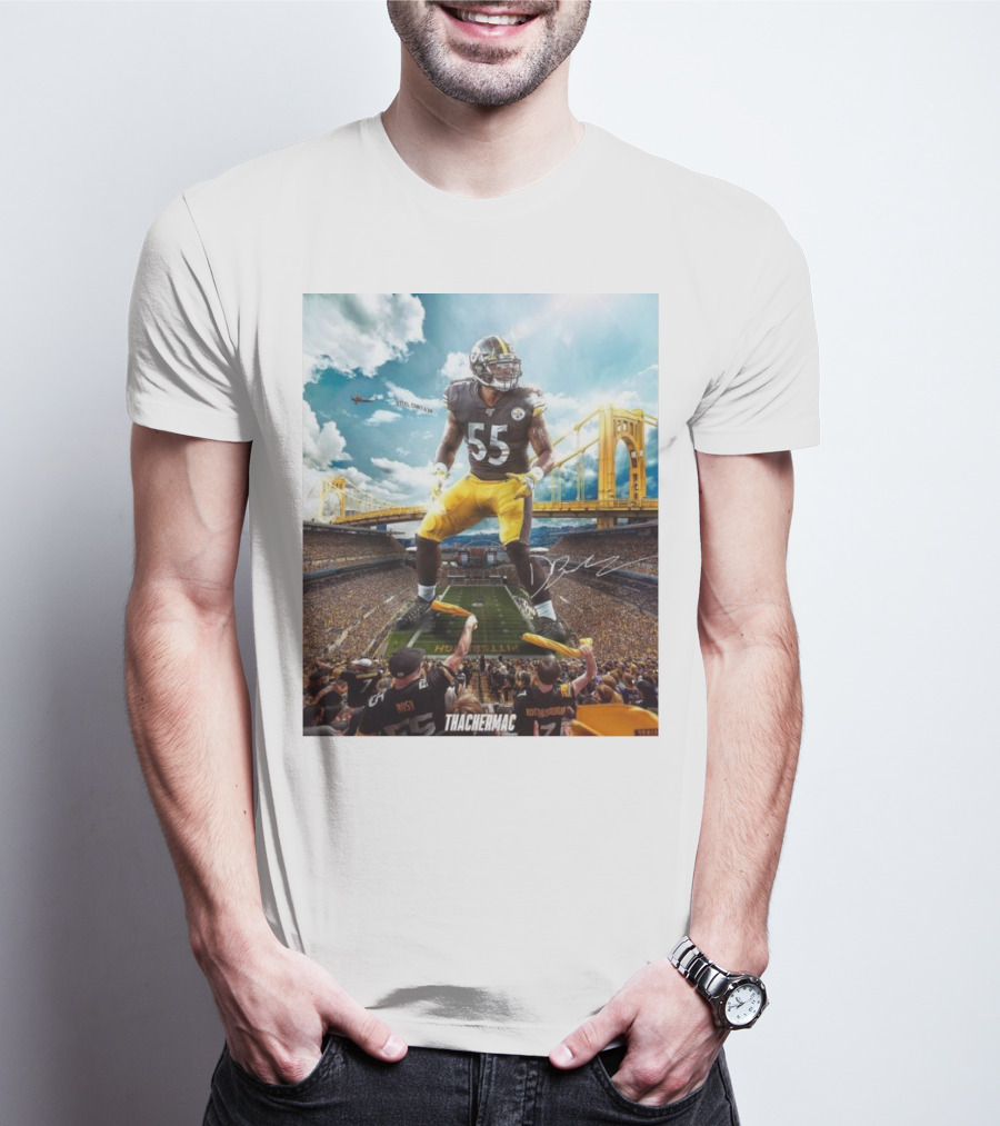 Thachermac Pittsburgh Steelers 55 Player In Stadium With Signature And Bridge Background T-Shirt