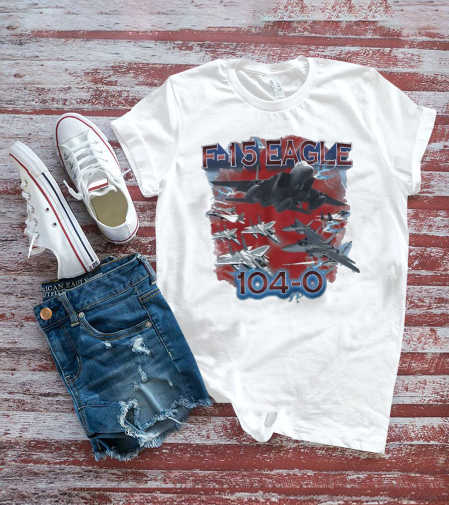 F-15 Eagle 104-0 Jet Aircraft Formation With Lightning And Red Backdrop T-Shirt