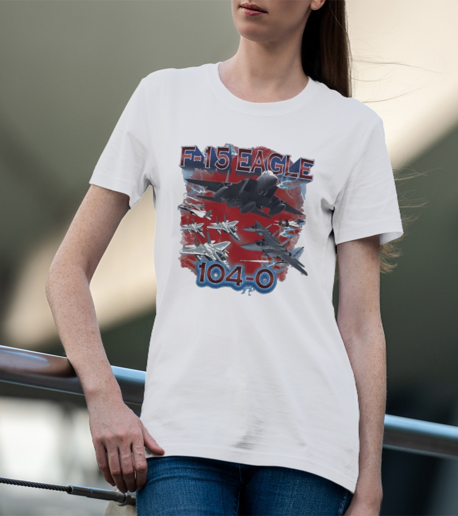 F-15 Eagle 104-0 Jet Aircraft Formation With Lightning And Red Backdrop T-Shirt