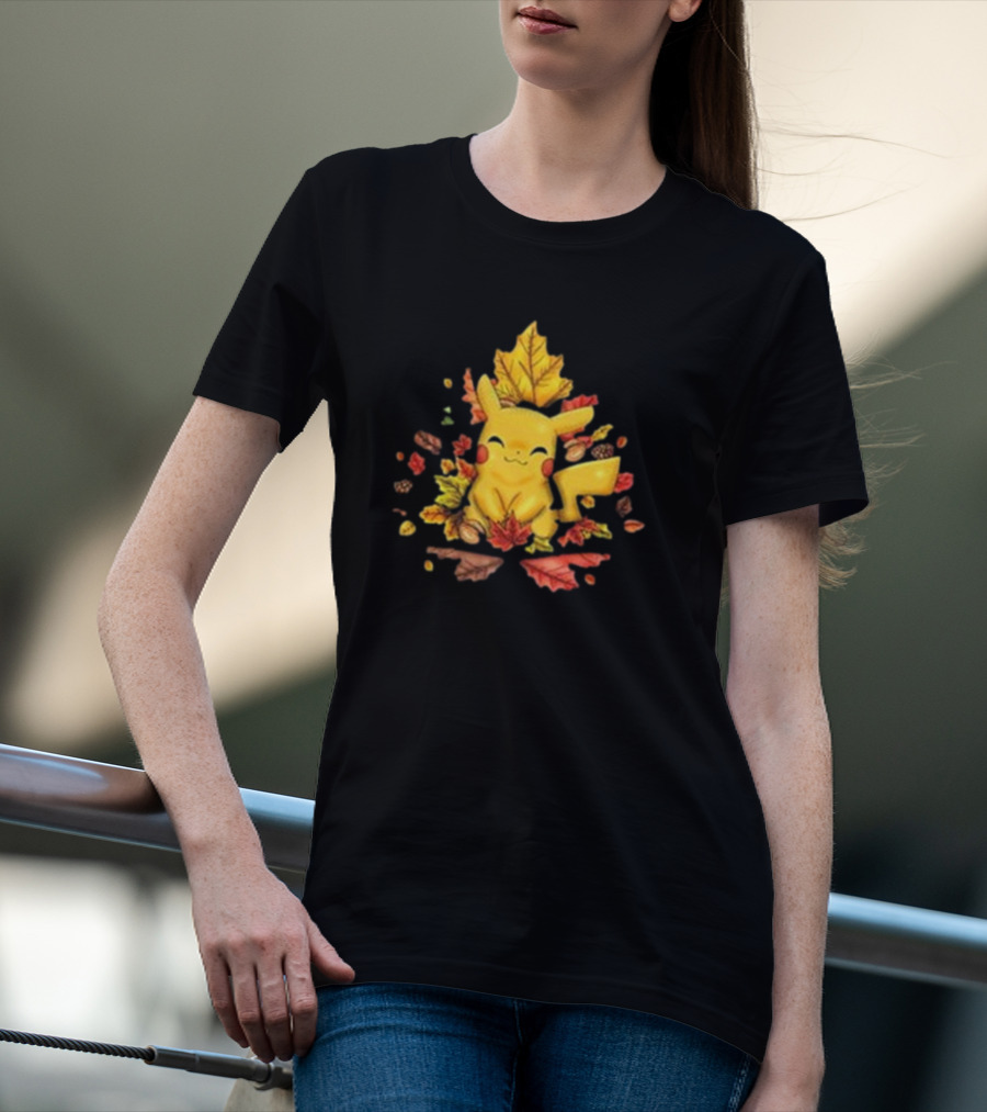 Pikachu Surrounded By Autumn Leaves And Acorns T-Shirt