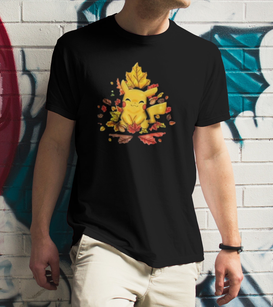 Pikachu Surrounded By Autumn Leaves And Acorns T-Shirt