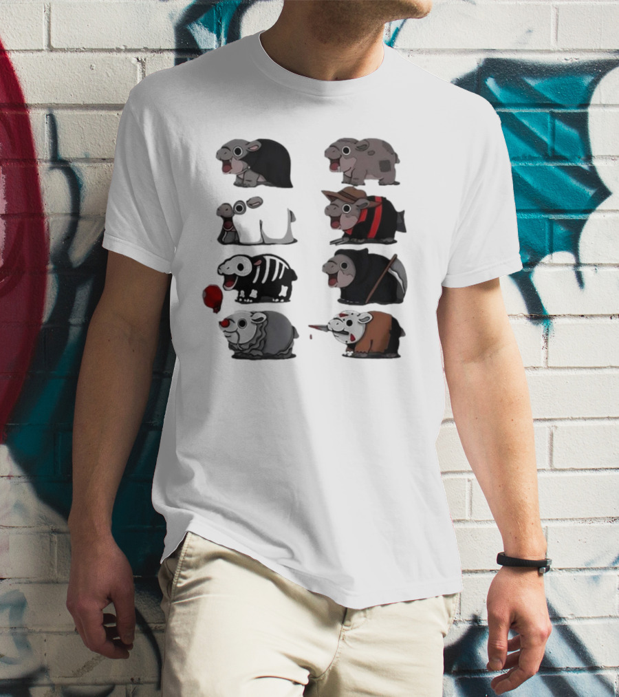 Scary Hippo Moo Deng Parody Characters In Horror Costumes T-Shirt