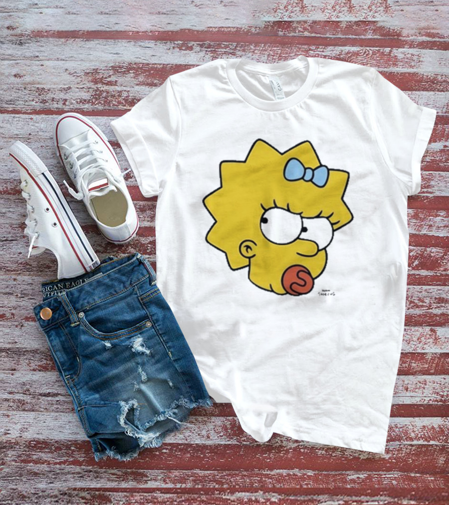 Simpsons Maggie Angry Big Face Black Sunglasses Blue Bow T-Shirt