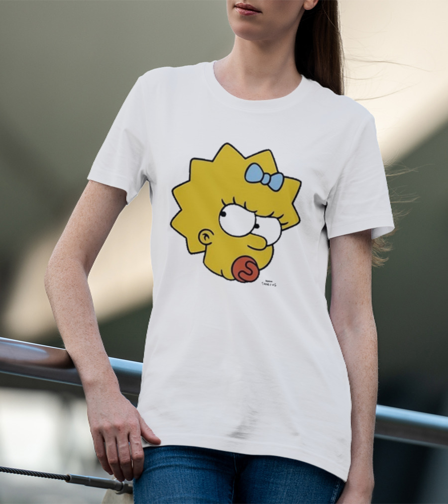 Simpsons Maggie Angry Big Face Black Sunglasses Blue Bow T-Shirt