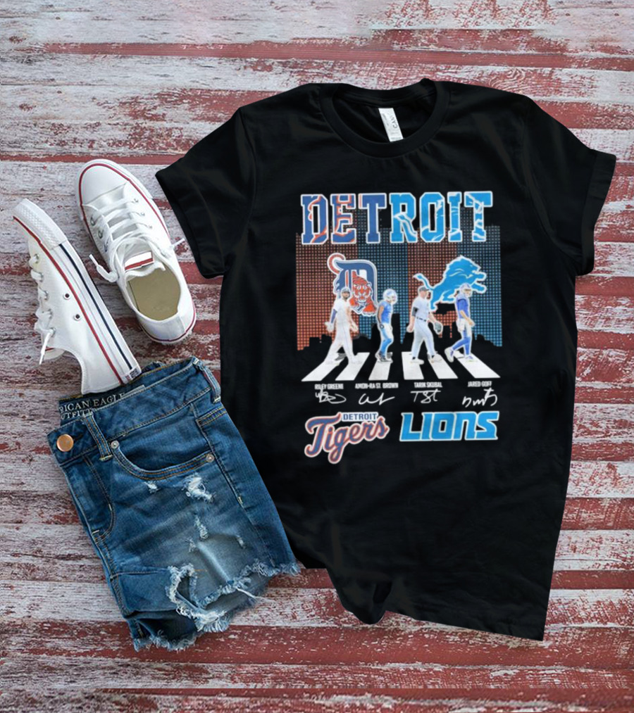 Detroit Lions Detroit Tigers Abbey Road Riley Greene Amon-Ra St. Brown Tarik Skubal Jared Goff Signatures T-Shirt