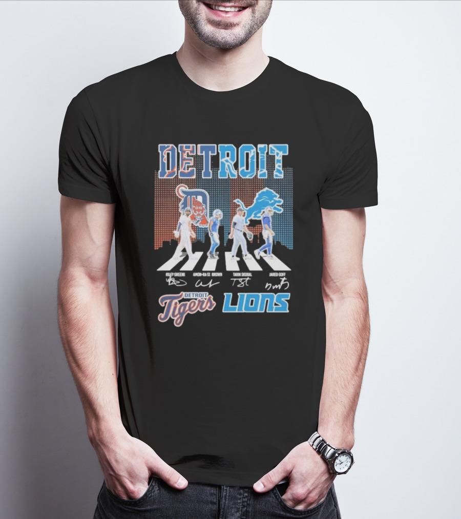 Detroit Lions Detroit Tigers Abbey Road Riley Greene Amon-Ra St. Brown Tarik Skubal Jared Goff Signatures T-Shirt