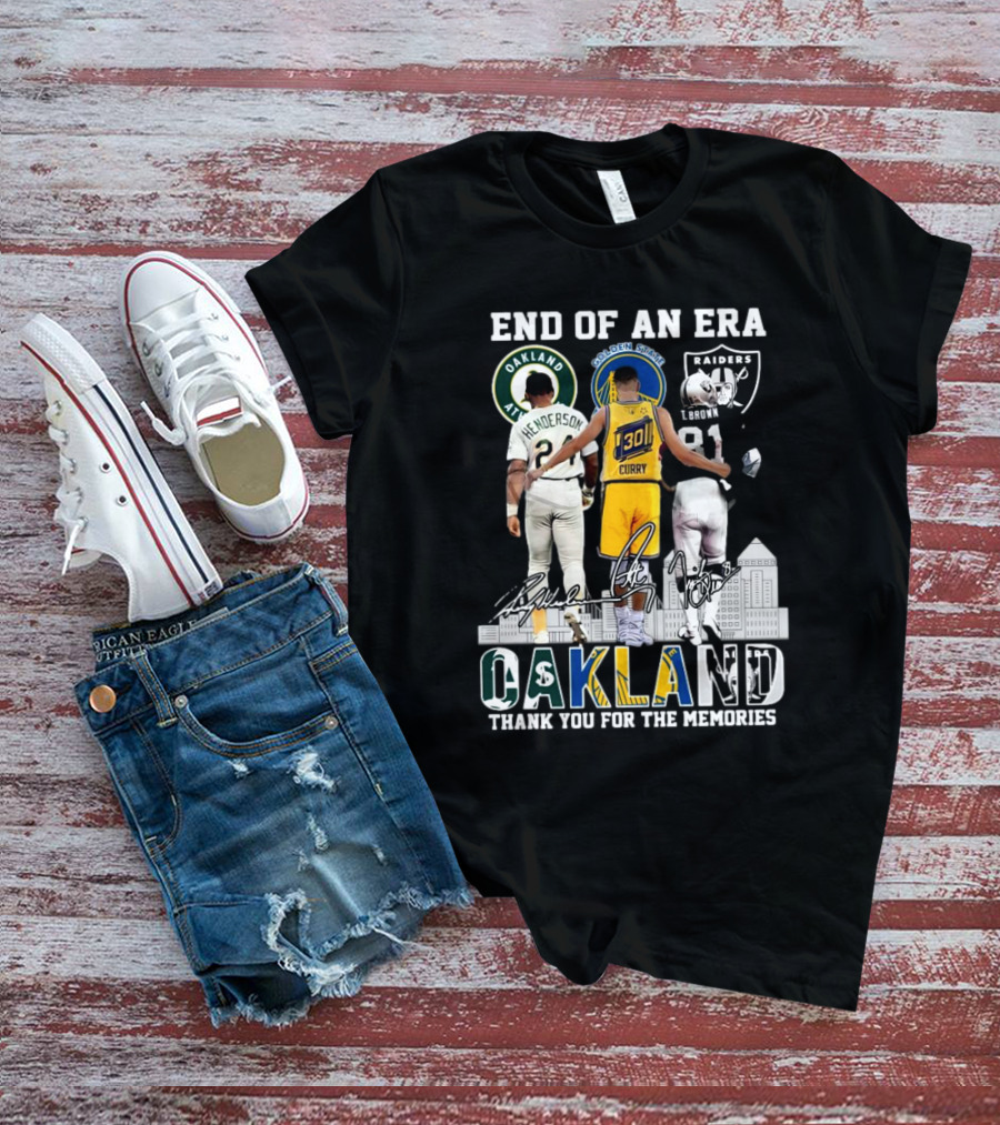 End Of An Era Oakland Henderson Curry Brown Thank You For The Memories Signatures T-Shirt