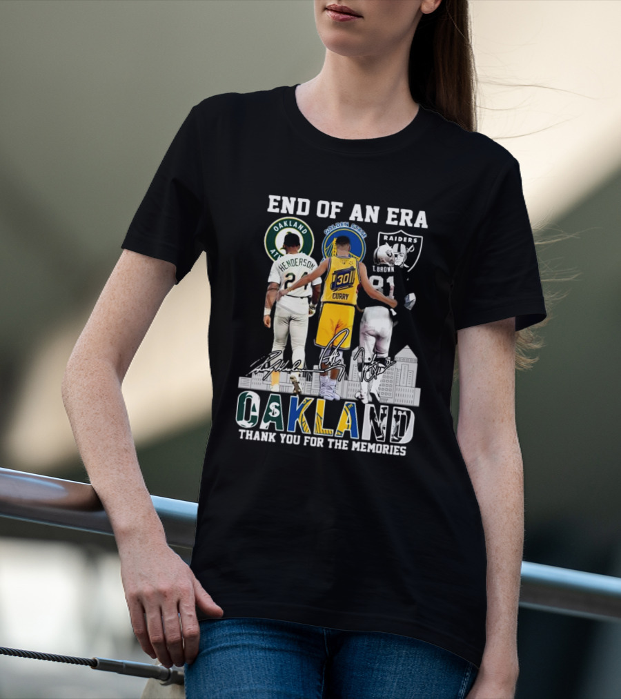End Of An Era Oakland Henderson Curry Brown Thank You For The Memories Signatures T-Shirt