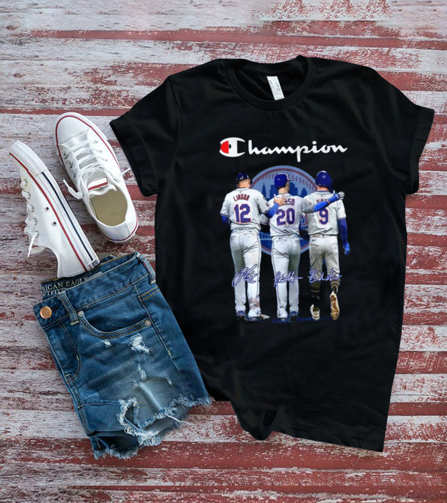 Champion New York Mets Lindor Alonso Nimmo Signatures Behind T-Shirt