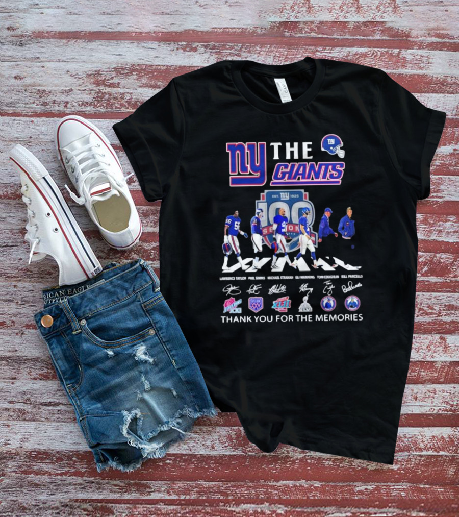 NY Giants 100 Seasons Abbey Road Lawrence Taylor Phil Simms Michael Strahan Eli Manning Tom Coughlin Bill Parcells Signatures Thank You For The Memories T-Shirt