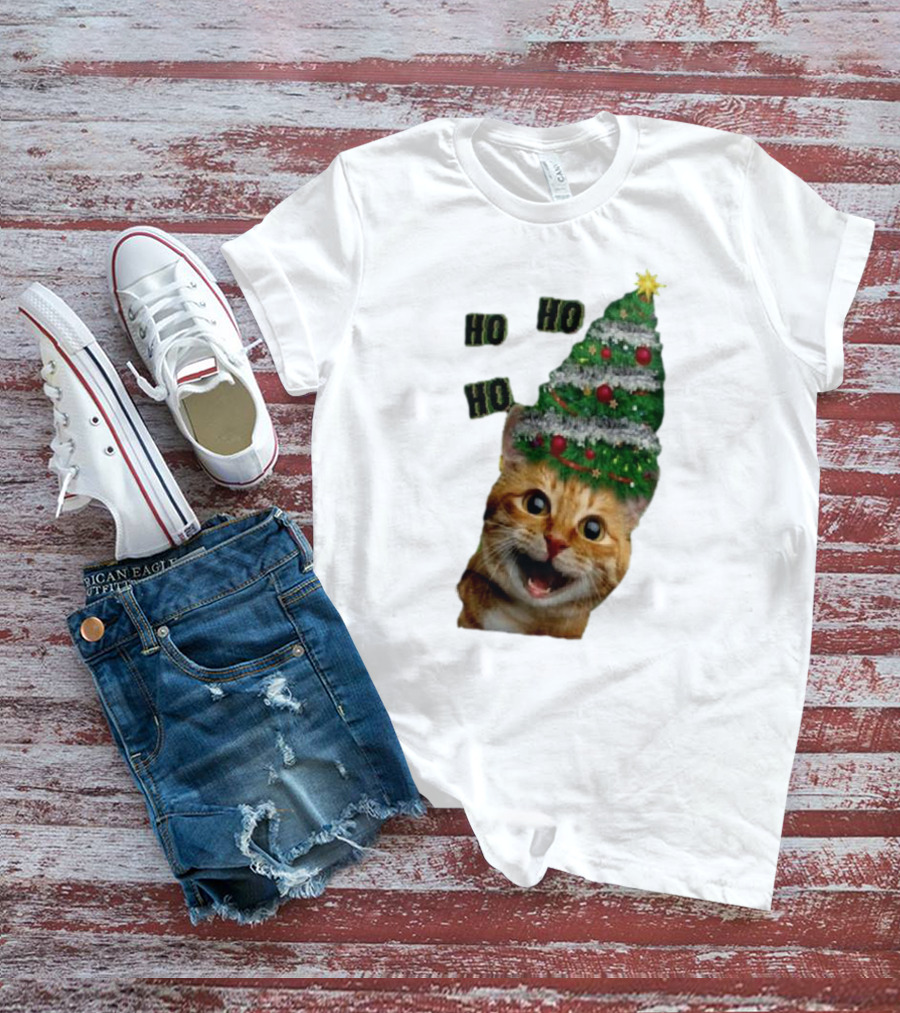 Cat With Christmas Tree Hat Ho Ho Ho Christmas T-Shirt