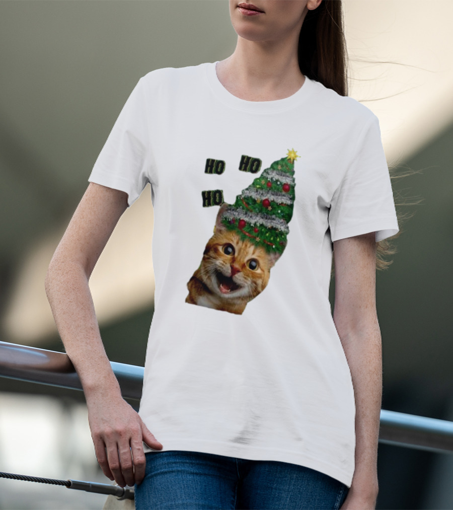 Cat With Christmas Tree Hat Ho Ho Ho Christmas T-Shirt