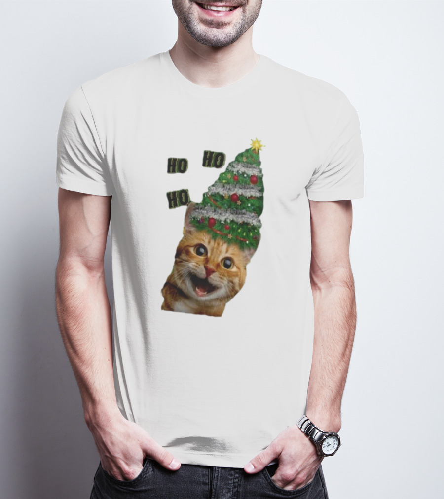 Cat With Christmas Tree Hat Ho Ho Ho Christmas T-Shirt