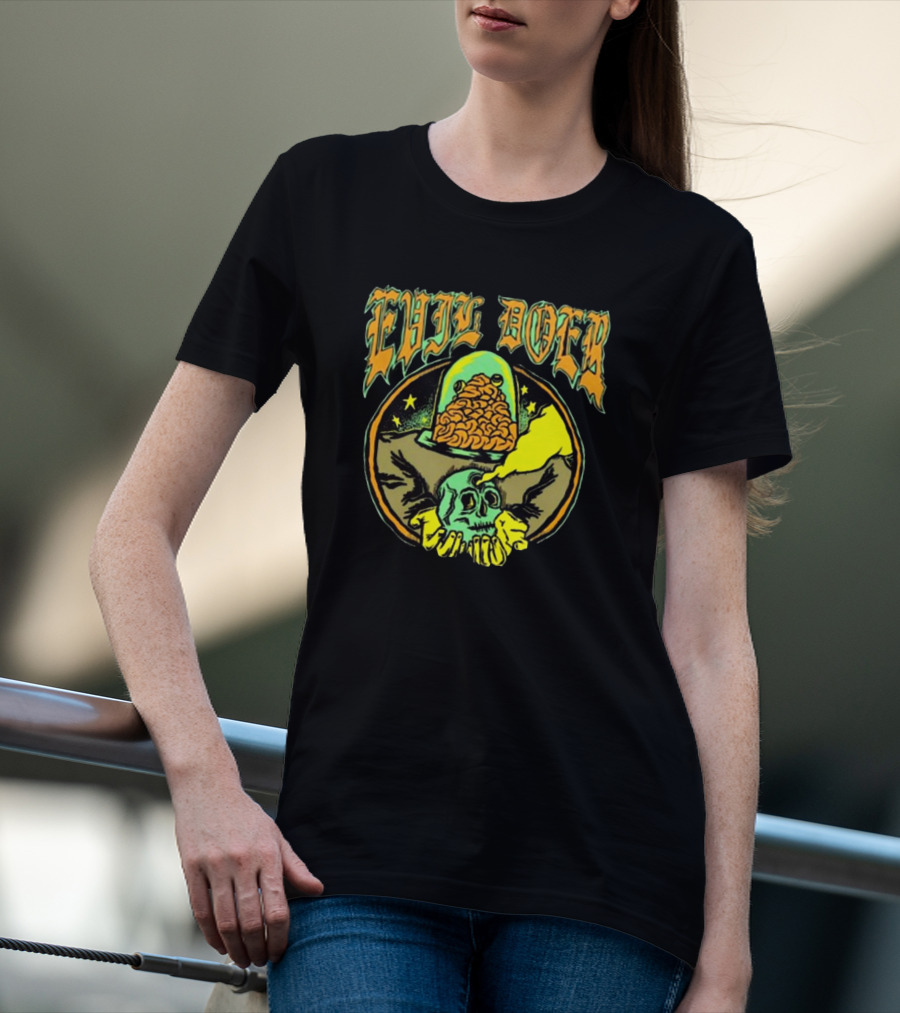 Evil Doer October Monster Skull And Brain In Jar T-Shirt