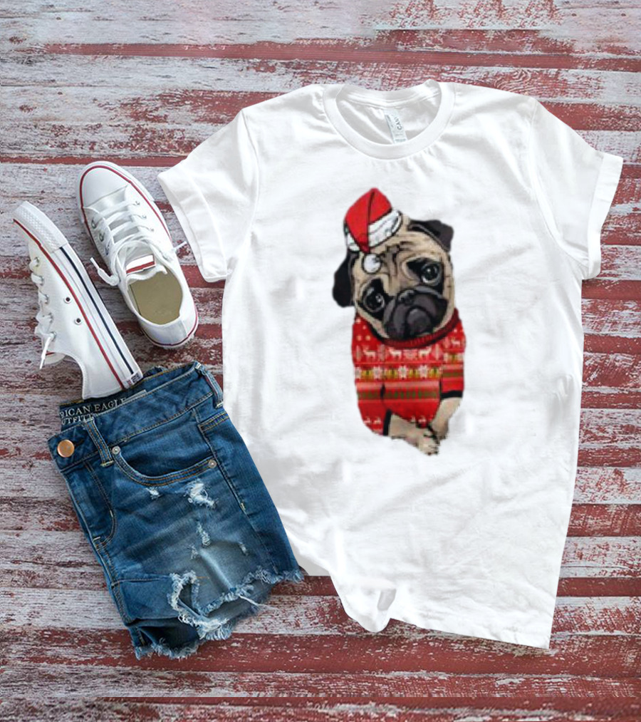 Lovely Pug Christmas Sweater Santa Hat Holiday T-Shirt