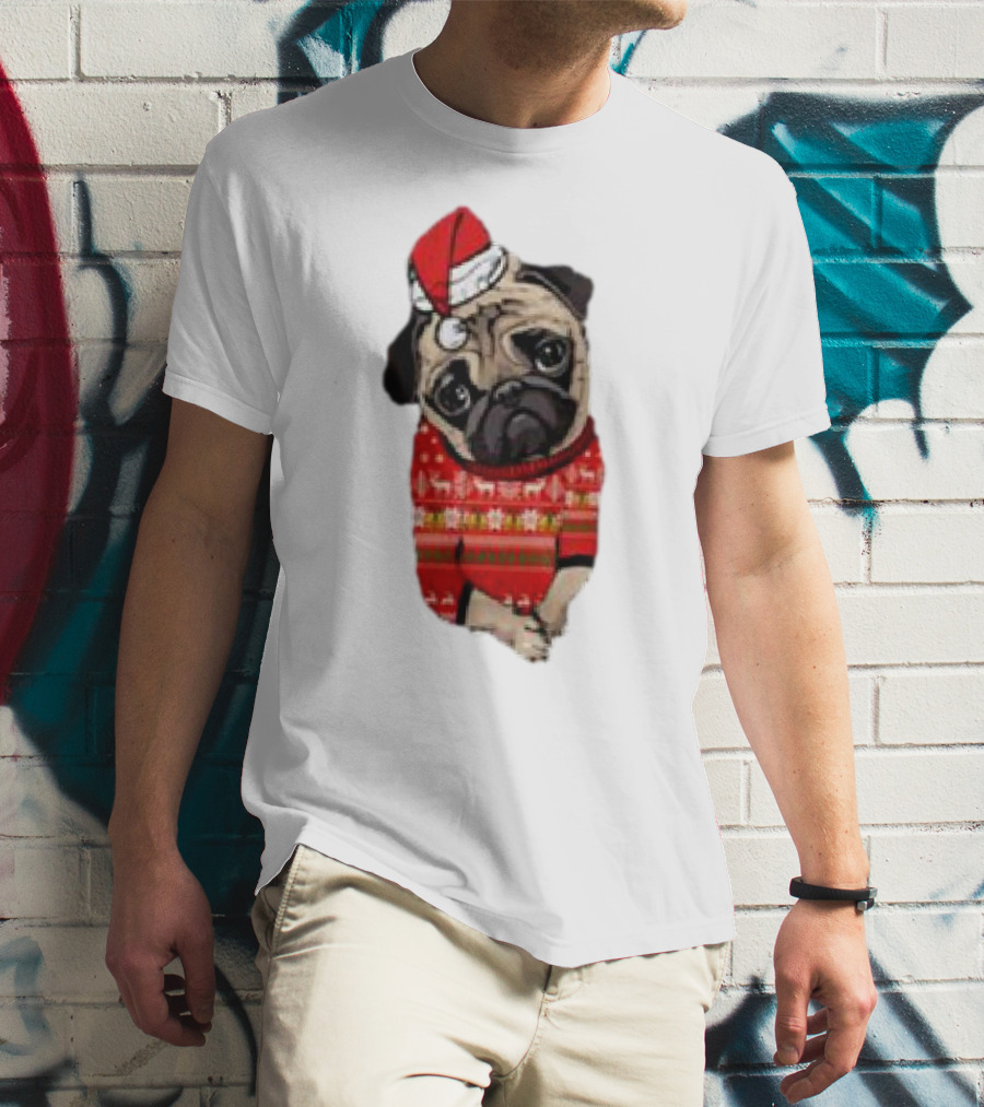 Lovely Pug Christmas Sweater Santa Hat Holiday T-Shirt