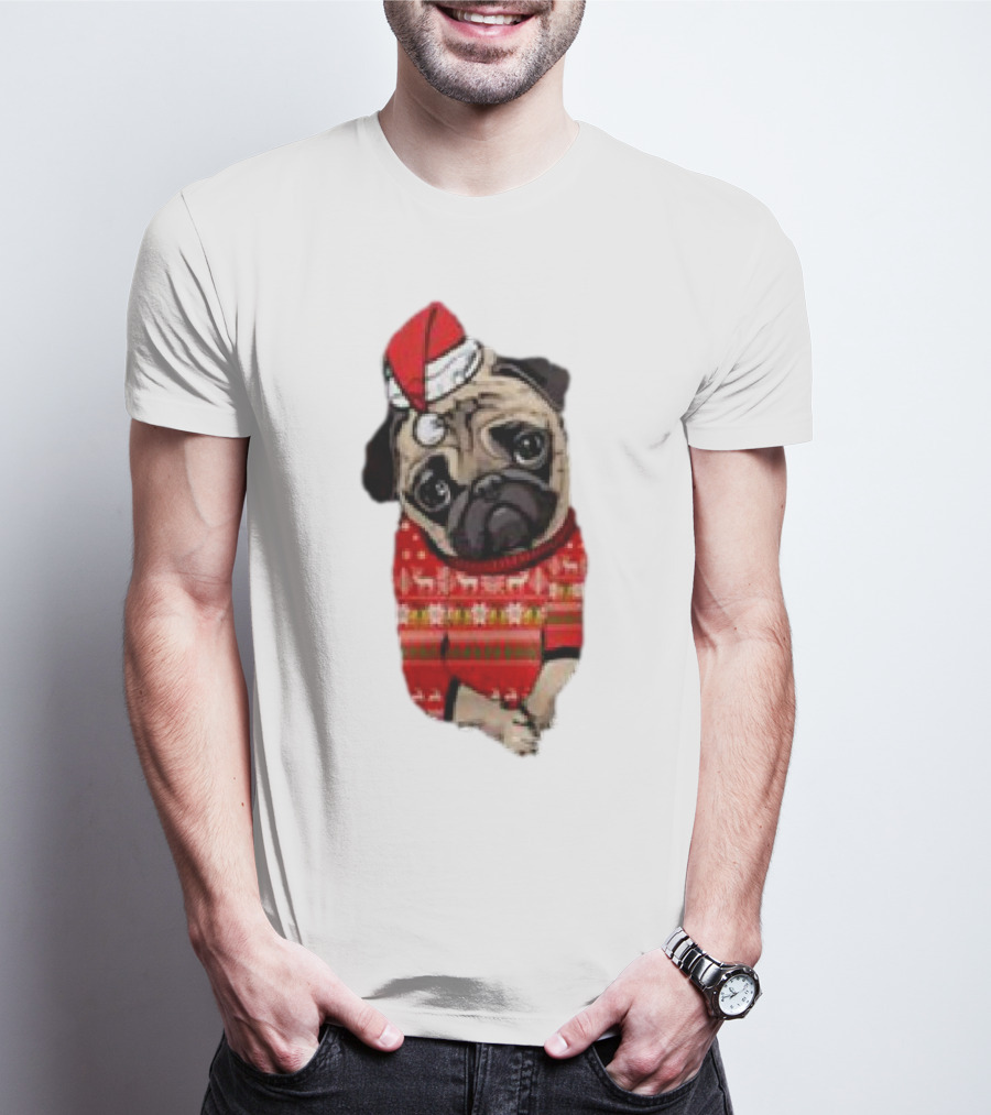 Lovely Pug Christmas Sweater Santa Hat Holiday T-Shirt