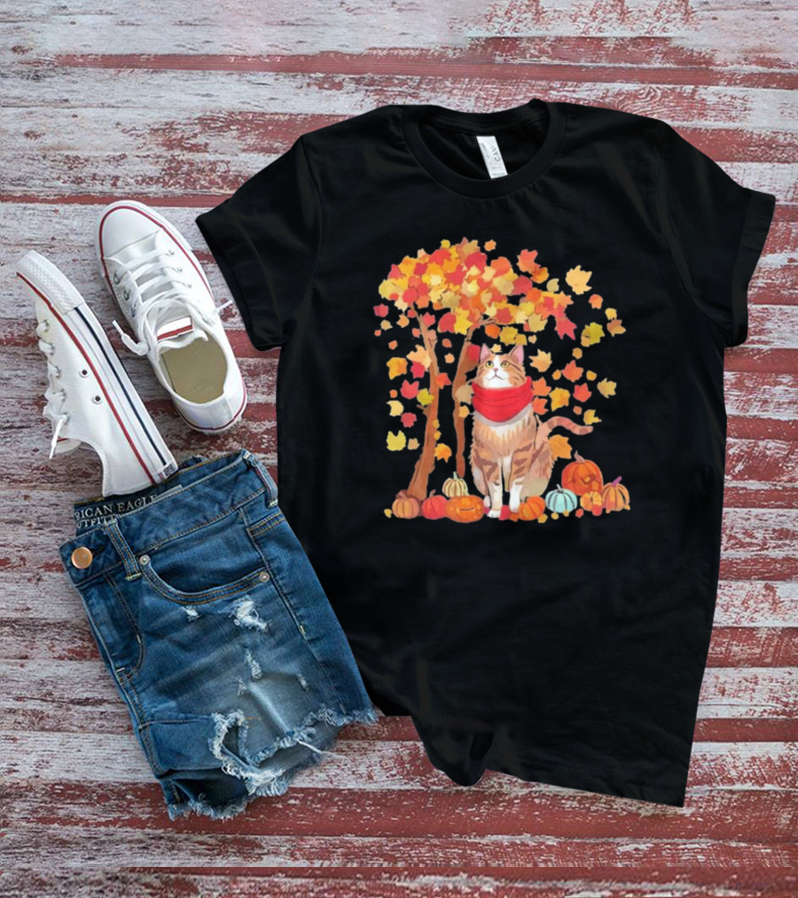 ItS Fall YAll Cat Leaf Fall Tree Hello Autumn Thanksgiving Pumpkin Scarf T-Shirt