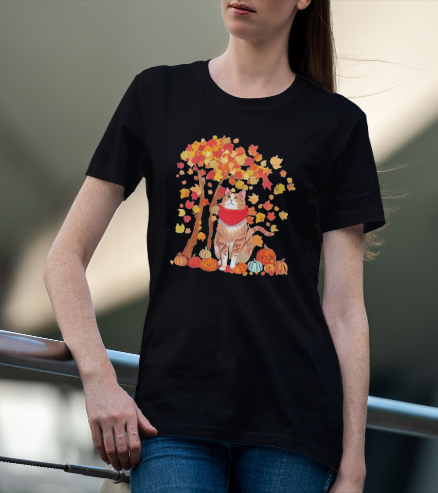 ItS Fall YAll Cat Leaf Fall Tree Hello Autumn Thanksgiving Pumpkin Scarf T-Shirt