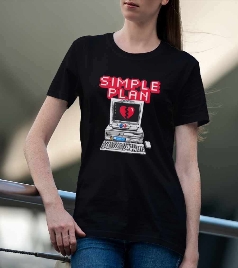Simple Plan Retro Computer With Broken Heart Symbol T-Shirt