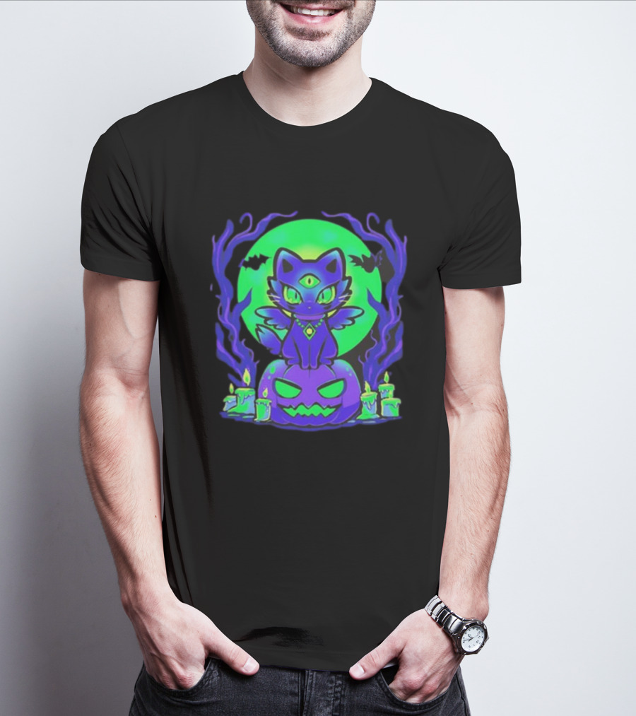 Spooky Moonlit Cat With Glowing Pumpkins And Bats T-Shirt