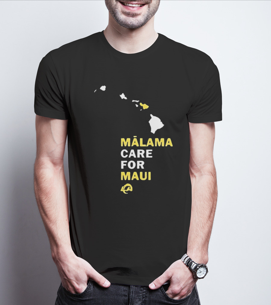 Mālama Care For Maui Los Angeles Rams Support With Hawaiian Islands Map T-Shirt