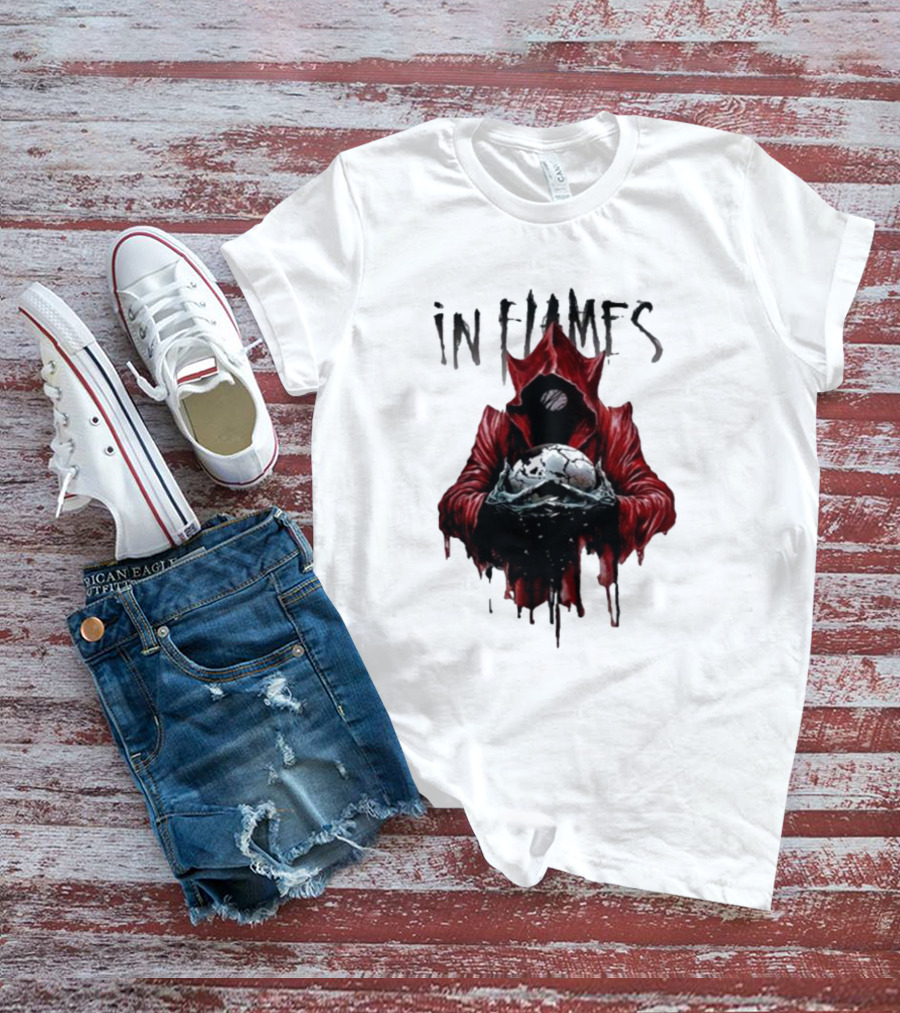 In Flames Siren Charms Red Hooded Figure Holding Cracked Mask T-Shirt