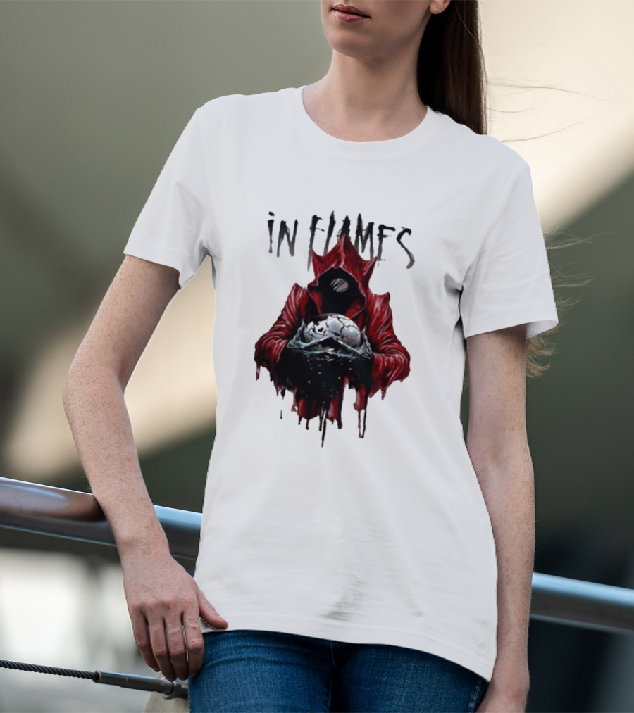 In Flames Siren Charms Red Hooded Figure Holding Cracked Mask T-Shirt