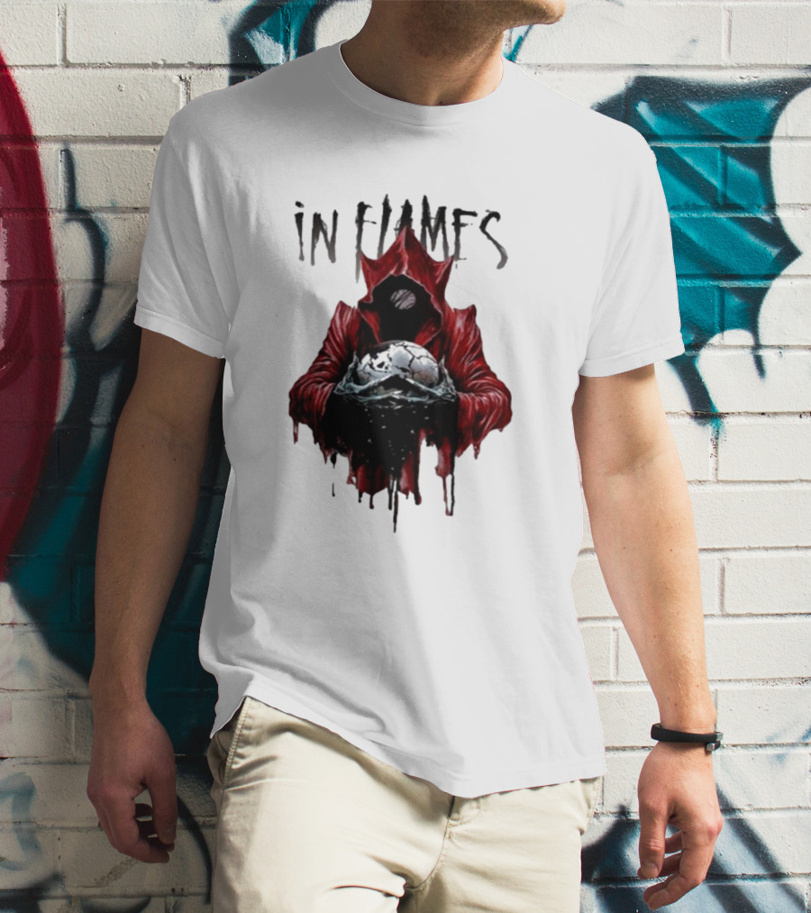In Flames Siren Charms Red Hooded Figure Holding Cracked Mask T-Shirt