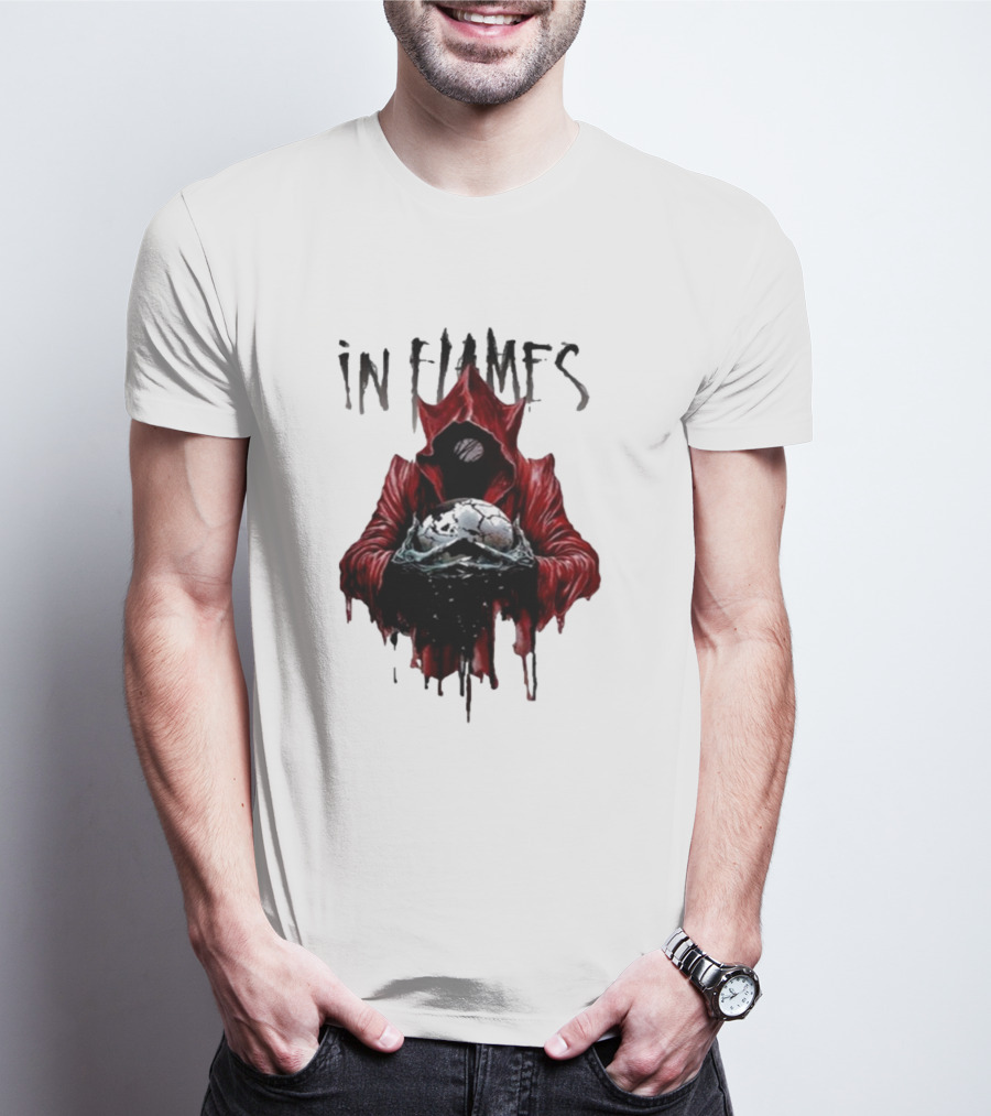 In Flames Siren Charms Red Hooded Figure Holding Cracked Mask T-Shirt