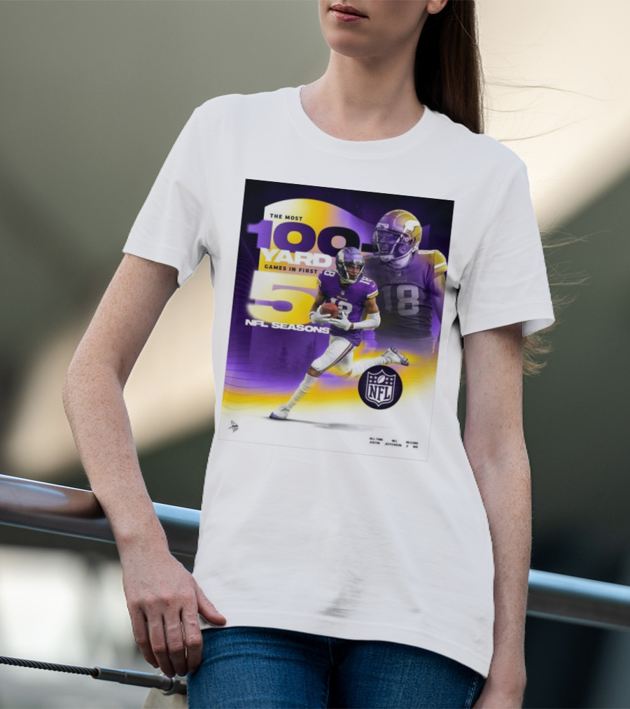 The Most 100 Yard Games In First 5 NFL Seasons Minnesota Vikings Justin Jefferson T-Shirt