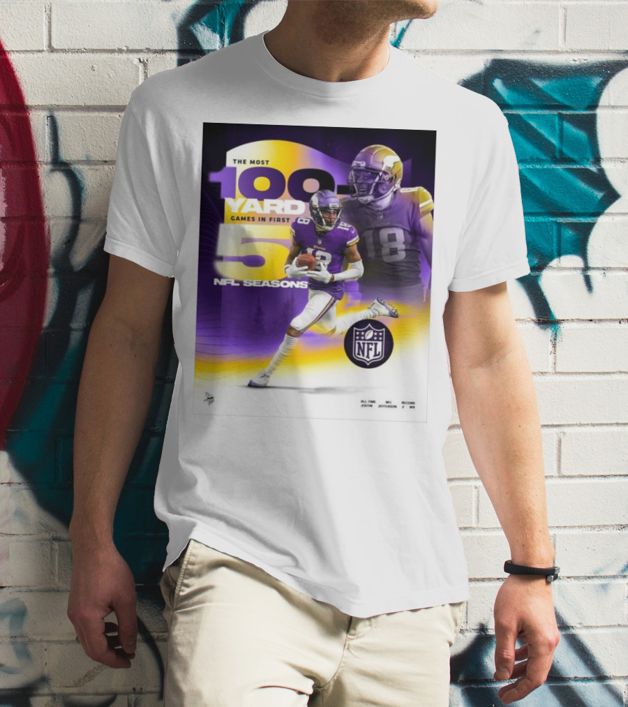 The Most 100 Yard Games In First 5 NFL Seasons Minnesota Vikings Justin Jefferson T-Shirt
