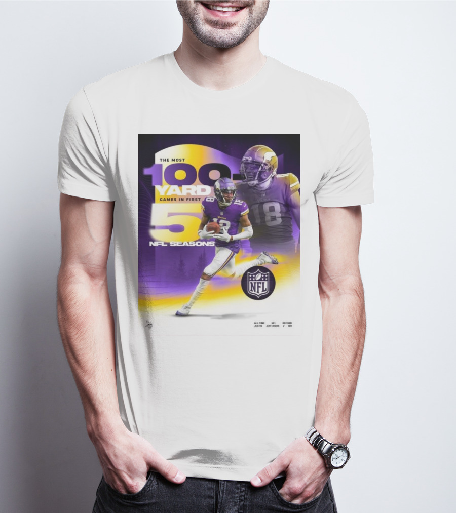 The Most 100 Yard Games In First 5 NFL Seasons Minnesota Vikings Justin Jefferson T-Shirt