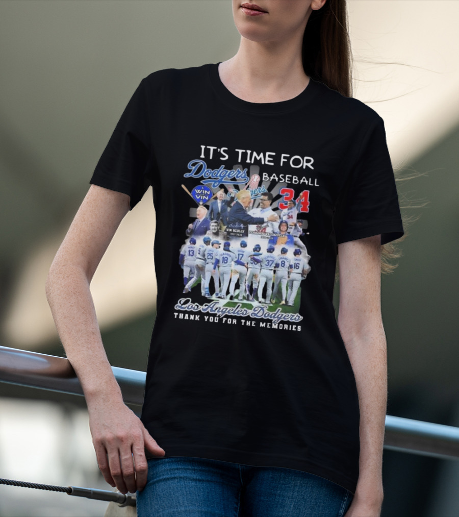 Los Angeles Dodgers It's Time For Baseball Thank You For The Memories Vin Scully 34 Signatures T-Shirt