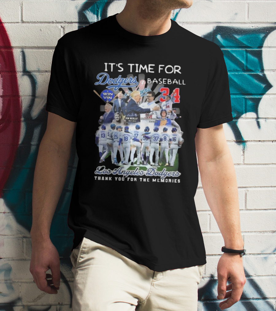 Los Angeles Dodgers It's Time For Baseball Thank You For The Memories Vin Scully 34 Signatures T-Shirt