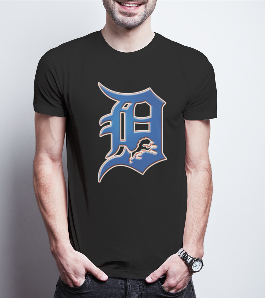 Detroit Lions Tigers Logo Mashup NFL MLB Blue D T-Shirt