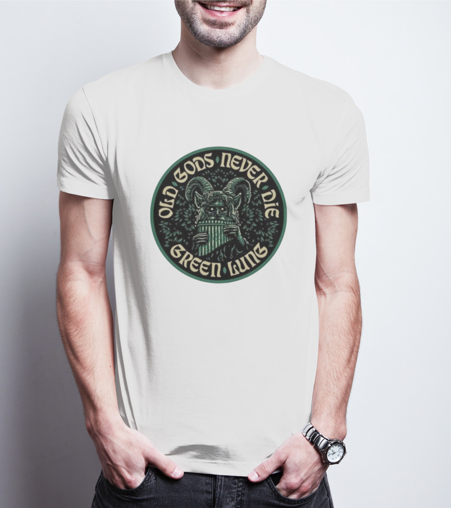 Green Lung Old Gods Never Die Pagan Horned Creature Playing Pan Flute T-Shirt