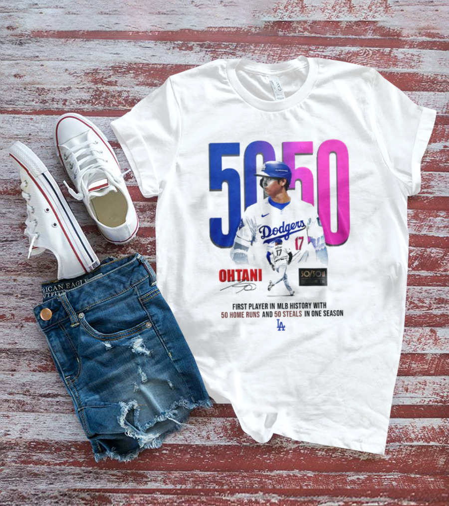 Los Angeles Dodgers Shohei Ohtani 50/50 First Player In MLB History With 50 Home Runs And 50 Steals In One Season T-Shirt
